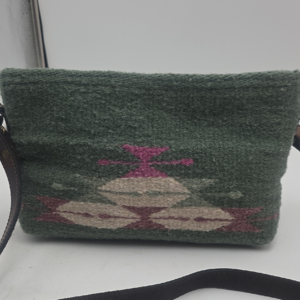 Green and Pink Patterned Handwoven Women Wool Bag
